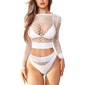 Rslove  Women Sexy Mesh Lingerie Fishnet Babydoll Free Size Bodysuit- White1
